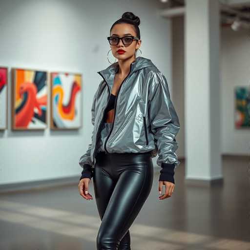 A striking photograph captures a woman standing confidently in an art gallery. She is dressed in a sleek, silver reflective jacket that catches the light, paired with tight black leather pants that accentuate her figure. Beneath the jacket, she sports a black sports bra, adding to her bold look. Her accessories include large hoop earrings, a delicate necklace, and stylish black-framed glasses. Her dark hair is neatly tied up in a bun, and she wears vibrant red lipstick that stands out against her fair skin. The background features a white wall adorned with three abstract paintings, each framed in brown. The paintings display a mix of colors: the first with red, black, and orange; the second with white, red, and yellow; and the third with green, yellow, and red. The gallery's floor is a dark gray, and a white pillar is visible to the right of the woman, adding to the modern aesthetic of the space.