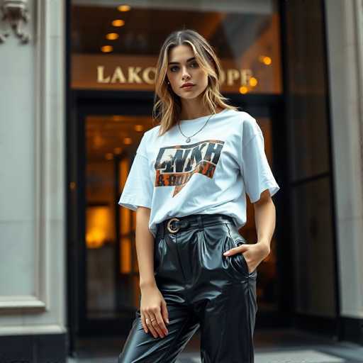 A young woman is standing on a sidewalk outside a building with a black and white sign that reads "LAKOOSOPE". She is wearing a white t-shirt with the word "LAKOOSOPE" printed on it in orange letters. The woman has long brown hair and is holding her hands together, facing the camera directly.