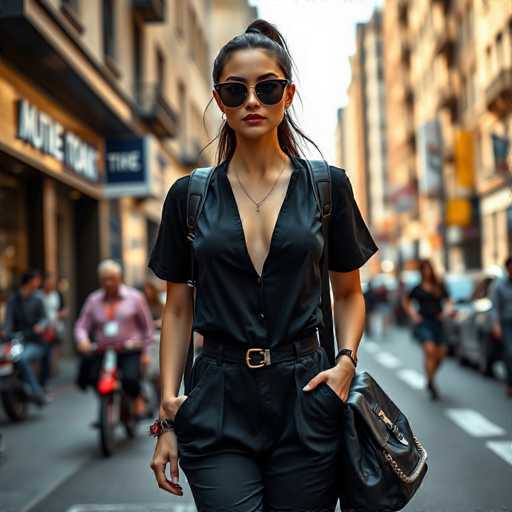 A woman is walking down a city street wearing a black dress and sunglasses with her hands in her pockets. She has a black purse slung over her shoulder. In the background, there are people riding bicycles and cars driving by on the street.
