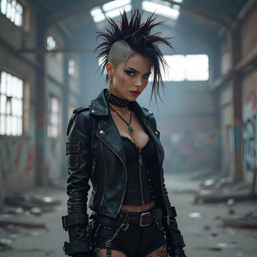 In this striking image, a young woman embodies the essence of punk rock with her edgy style and intense gaze. She sports a dramatic mohawk, with the sides of her head shaved, and her hair is dyed a deep, dark purple. Her makeup is bold, featuring dark eyeshadow and vivid red lipstick that accentuates her serious expression. She wears a black leather jacket adorned with silver buttons and zippers, layered over a black corset that reveals a hint of her midriff. Around her neck, she has a choker necklace with a pendant, and another necklace with a circular pendant. Her accessories include fishnet stockings and a black belt with a silver buckle, paired with very short black shorts. The background suggests an abandoned warehouse, with graffiti-covered walls and windows that let in natural light, adding to the gritty, urban atmosphere of the scene.