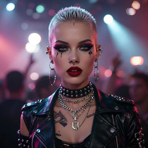 A young woman with short blonde hair and a black leather jacket is the main subject of this image. She has dark red lipstick on her lips and is wearing a necklace made up of chains that have a large pendant in the center. The background shows a stage with colorful lights, suggesting that she might be at a concert or similar event.