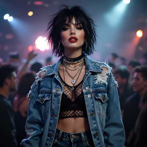 The image depicts a young woman, likely in her late teens or early twenties, standing in what appears to be a nightclub or concert venue. She has a striking appearance with short, black hair styled in a jagged bob, and her makeup is bold, featuring bright red lipstick and heavy eye makeup. She is adorned with large hoop earrings and multiple necklaces, including a choker and several layered chains. Her outfit consists of a cropped black tank top with a fishnet overlay, paired with a distressed blue denim jacket that has rips on the shoulders. She also wears blue jeans, completing her edgy look. The background is blurred, filled with indistinct figures and colorful lights, suggesting a lively and energetic atmosphere. The woman is looking directly at the camera, exuding confidence and a hint of attitude.