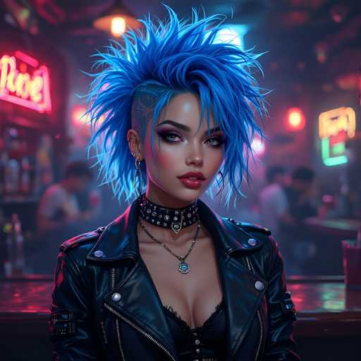 This image is a detailed, computer-generated illustration of a young woman, likely in her late teens or early 20s. She has a striking appearance with a distinctive blue mohawk that is shaved on the sides, and her hair is styled in a spiky, almost punk fashion. Her eyes are accentuated with heavy black eyeliner, and she has full lips painted in a vivid red. She is adorned with multiple pieces of jewelry, including a black leather choker with spikes, a silver necklace with a blue pendant, and several earrings. Her attire consists of a black leather jacket with a zipper, worn over a black corset top. She is standing in front of a bar, with a blurred background that suggests a bustling bar scene. The background includes neon signs, one of which reads "Rice," and there are people visible, though they are out of focus. The overall setting is dark and moody, with the lighting primarily coming from the neon signs, casting a glow on the bar and the woman.