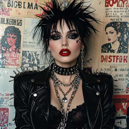 The image shows a woman with spiky hair wearing a leather jacket and a necklace made of chains. She is standing against a wall covered in posters and signs, which include the words "Bigibisma" and "DISTFORT". The woman's face features red lipstick and black eye makeup, adding to her edgy appearance.