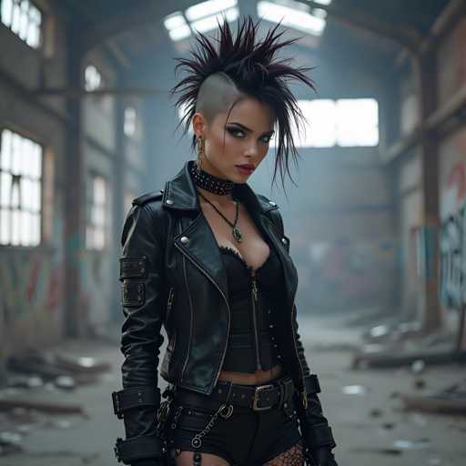 A woman with spiky hair and a leather jacket stands confidently in an industrial setting. She is wearing black shorts that contrast with her outfit. The background features graffiti-covered walls and a concrete floor, giving the scene an urban feel.