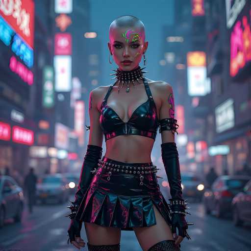 In this striking image, a woman stands confidently in the middle of a bustling city street, exuding an aura of strength and defiance. She sports a shaved head and is adorned with intricate face paint, featuring a vibrant green design on her forehead and a yellow streak that extends from her right eye down to her cheek. Her attire is a bold fusion of leather and metal, consisting of a black leather bra with a strap that wraps around her waist, complemented by a spiked collar around her neck. Her midriff is bare, showcasing her toned abdomen, and she wears a black leather skirt with a spiked belt. Her arms are covered by long black gloves that reach up to her biceps, and her legs are clad in thigh-high black boots. Adding to her edgy look, she has metal spikes on her forearms. The background reveals a cityscape illuminated by numerous neon signs, suggesting a vibrant nightlife. Cars line the street, and pedestrians can be seen in the distance, all contributing to the dynamic urban atmosphere.