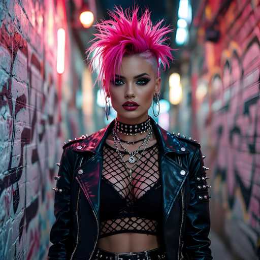 A striking image of a young woman, likely in her late teens or early twenties, stands confidently in a graffiti-covered alleyway. She sports a bold pink mohawk, shaved on the sides, and her makeup is meticulously applied, featuring dark eyeshadow, black eyeliner, and vivid red lipstick. Her piercing blue eyes add to her captivating presence. She is adorned with large hoop earrings and a spiked choker necklace, complemented by several other necklaces. Her outfit consists of a black leather jacket with spikes on the shoulders, left open to reveal a black bra and a fishnet top that exposes her midriff. The jacket is secured with a zipper on the left side. She completes her edgy look with black leather pants, which feature a silver belt buckle. The background is blurred, emphasizing her as the focal point of the photograph.