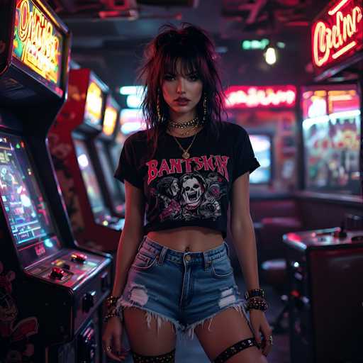 The image depicts a young woman standing in the center of an arcade, surrounded by rows of colorful arcade machines. She has long, dark hair styled in a messy ponytail with bangs framing her face. Her makeup is bold, featuring dark eyeshadow, black eyeliner, and red lipstick. She is wearing a black crop top t-shirt with the word "Bant skin" in red letters, accompanied by a graphic of a skull and other characters. Her outfit is completed with very short, ripped blue jean shorts. She accessorizes with multiple gold necklaces, including a choker, and several bracelets on both wrists. The arcade around her is vibrant, with neon signs in red, yellow, and blue, and the machines are adorned with various bright colors. The overall scene is dimly lit, emphasizing the glowing arcade lights and creating a lively, energetic atmosphere.