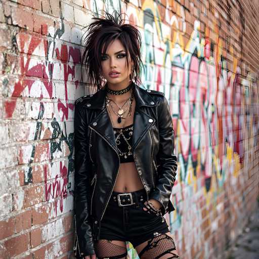 A young woman with a striking, edgy style stands confidently against a graffiti-covered brick wall. Her dark brown hair is styled in a spiky, punk fashion, adding to her bold appearance. She wears a black leather jacket adorned with silver studs and zippers, paired with a black bra top that features intricate gold designs. Around her neck, she sports a choker necklace with a pendant, complemented by several other necklaces. Her outfit is completed with black shorts that have a silver belt buckle and fishnet stockings that extend up to her thighs. Her makeup is dramatic, with dark eyeshadow and pink lips, enhancing her fierce look. The wall behind her is a canvas of vibrant graffiti in shades of red, white, yellow, and blue, with some text that is difficult to decipher. The ground beneath her is a gray concrete sidewalk, adding an urban touch to the scene.