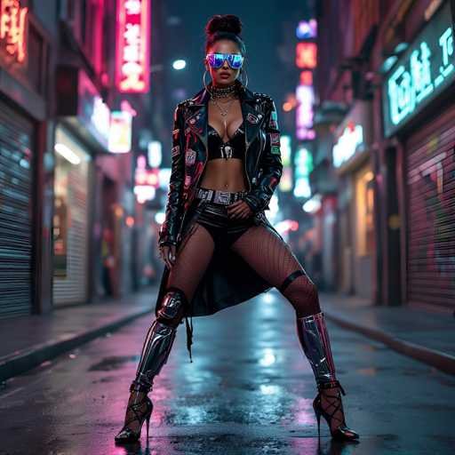 In this captivating image, a woman stands confidently in the middle of a dimly lit street, exuding a bold and edgy style. She is dressed in a striking black leather jacket adorned with various patches, paired with a matching black leather bra that reveals her toned midriff. Her outfit is completed with very short black shorts, fishnet stockings, and high-heeled boots that reach up to her thighs. She accessorizes with large hoop earrings, a choker necklace, and a longer necklace that drapes down to her chest. Her hair is styled in a sleek bun, and she wears reflective sunglasses that add to her fierce look. The street around her is lined with buildings featuring closed-up shopfronts, illuminated by neon signs in vibrant hues of pink, blue, and purple. The wet pavement beneath her reflects the neon lights, enhancing the moody and atmospheric setting.