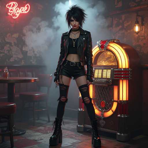 The image depicts a young woman with a striking goth-punk aesthetic, standing confidently in the center of a smoky, dimly-lit diner. She has spiky black hair and wears a black leather jacket over a black crop top, paired with very short black leather shorts. Her outfit is completed with thigh-high black boots that lace up to her thighs and fingerless gloves. Around her neck, she sports a choker with spikes and a couple of necklaces, including a silver one. The diner features a vintage-style jukebox with red and yellow lights to her right, and a table with a bottle of soda to her left. The floor is tiled in red and gray, and the walls are adorned with graffiti. A neon sign, possibly reading "Blame," hangs in the upper left corner, adding to the moody ambiance. The overall scene is accentuated by the smoky haze that envelops the background, enhancing the gothic and edgy vibe of the image.