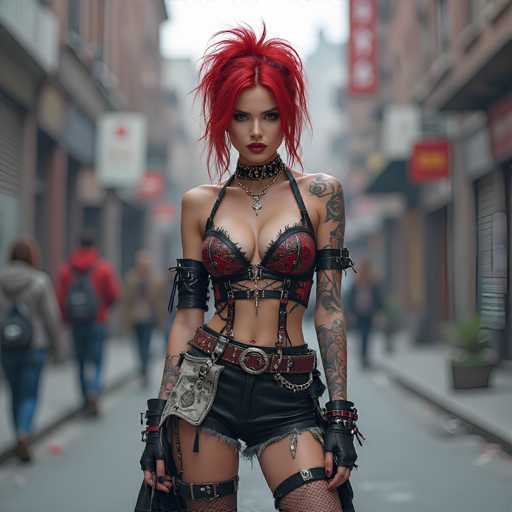 A striking image captures a woman with vibrant red hair styled in a high ponytail, exuding confidence as she gazes directly into the camera. She is adorned in a black and red bra, complemented by a matching belt and black leather shorts. Her arms are decorated with intricate tattoos, and she wears black fingerless gloves that add to her edgy appearance. The background is a bustling city street, filled with people and various signs, though they are blurred, keeping the focus on her. The woman's bold makeup, featuring bright red lipstick, enhances her captivating presence. Her attire is accentuated with a choker necklace and a pendant, adding a touch of elegance to her fierce look.