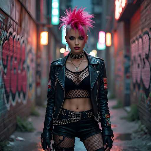 In this striking image, a woman stands confidently in the middle of an alleyway, exuding a bold and edgy style. She sports a vibrant pink mohawk that contrasts sharply with her shaved sides, complementing her dark red lipstick and heavy eye makeup. Her attire is a perfect blend of tough and chic: a black leather jacket adorned with patches on the sleeves, a black bra, and a fishnet top that reveals her midriff. She pairs this with black leather shorts, a studded belt, and fishnet stockings, all accentuated by fingerless gloves. Her accessories include a spiked choker and large hoop earrings, adding to her punk-inspired look. The alleyway itself is lined with graffiti-covered walls on both sides, and the background is blurred, drawing focus to her fierce presence. The scene is illuminated by a mix of neon lights and street lamps, casting a colorful glow that enhances the urban atmosphere.