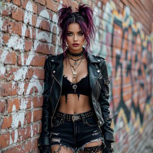 A stylish woman with vibrant purple hair, dressed in a black leather jacket and ripped black shorts, leans against a weathered brick wall covered in graffiti. She wears multiple necklaces with silver pendants and a black choker, her makeup emphasizing bold eyeliner and dark lipstick. Her expression is intense, looking directly at the viewer with a confident gaze. The overall aesthetic is edgy and alternative, capturing a modern rock-and-roll vibe.