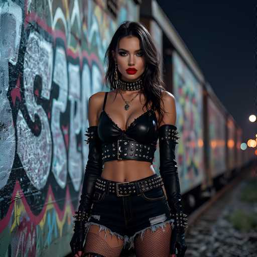 In this captivating nighttime photograph, a young woman stands confidently in front of a graffiti-covered train car. The train, adorned with vibrant and colorful graffiti, serves as a striking backdrop to her edgy ensemble. She is dressed in a black leather bra and matching shorts, complemented by fishnet stockings and long black gloves that extend up to her biceps. Her outfit is accentuated with a studded belt and a spiked choker necklace, adding to her bold appearance. Her long, dark hair cascades down, framing her face, which is highlighted by bright red lipstick and dramatic eye makeup. She gazes directly into the camera, exuding a sense of strength and self-assurance. The scene is illuminated by a streetlight in the background, casting a soft glow that enhances the urban, nocturnal atmosphere of the image.