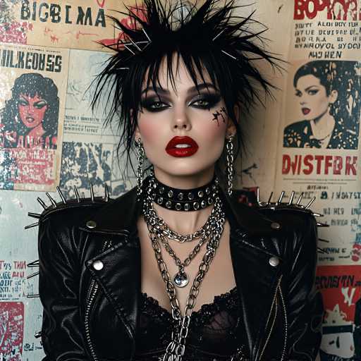 The image features a woman dressed in a striking gothic style, standing against a wall adorned with various posters and graffiti. Her black hair is styled into spiky points, with a distinctive crown of metal spikes on top. She wears heavy black eyeliner and bright red lipstick, accentuating her intense gaze. Her outfit includes a black leather jacket with spikes on the shoulders, a black choker with silver studs, and multiple silver chains hanging from her neck. She also sports long, dangling earrings and a black lace top. The background wall is covered with colorful posters, some in red, white, and blue, featuring images of women and text in a foreign language. The overall scene is vibrant and visually captivating, blending elements of punk and gothic fashion.