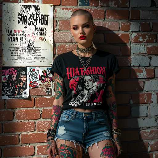 The image features a young woman with a shaved head, standing confidently against a red brick wall. She is dressed in a black t-shirt with the words "Hia Fashion" emblazoned in red, accompanied by a graphic of a woman with red hair and a red background. Her outfit is completed with very short, ripped blue jean shorts. She accessorizes with multiple necklaces, large hoop earrings, and bracelets on both wrists. Her arms and legs are covered in colorful tattoos, predominantly featuring red and green hues. The woman's makeup is striking, with bold red lipstick and heavy eye makeup, and she gazes directly at the camera with a serious expression. To her left, the wall is adorned with posters and flyers, including one that reads "Fama's Show" and another featuring a woman with black hair and a black hat. The overall scene exudes a gritty, urban vibe, enhanced by the worn, chipped paint on the brick wall.