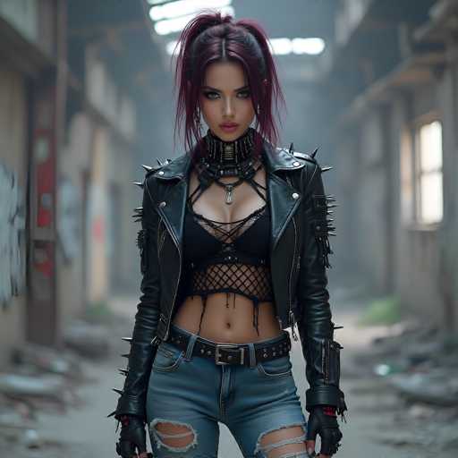 A striking image captures a young woman with a captivating gaze, staring directly into the camera. She sports a unique hairstyle, with her hair pulled back into a ponytail, while the sides are left loose, framing her face. Her hair is predominantly black, accentuated with streaks of purple. She is dressed in a black leather jacket adorned with spikes along the shoulders, paired with a black bra and a shirt featuring a fishnet design. Her midriff is exposed, leading down to a black belt with a silver buckle, and she wears blue jeans with holes at the knees. Her hands are covered in black gloves, adding to her edgy appearance. The background is blurred, but it appears to be an alleyway with buildings on either side, some of which have graffiti. The ground is littered with trash, and the overall scene is dimly lit, with a hint of light filtering through a window on the right side.