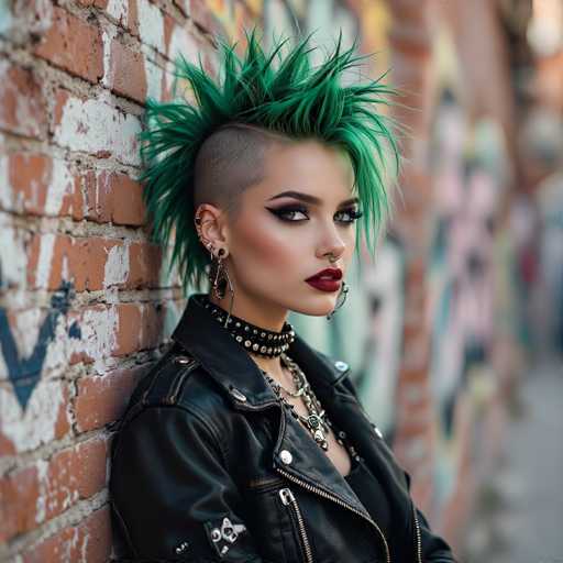 This image features a young woman with a striking punk rock aesthetic, leaning against a red brick wall adorned with white graffiti. She sports a vibrant green mohawk, with the sides of her head shaved. Her makeup is bold, with dark red lipstick, heavy black eyeliner, and green eyes that match her hair. She has multiple piercings, including a nose ring, lip ring, and several earrings in each ear. Around her neck, she wears a black leather choker studded with metal spikes, complemented by additional necklaces. Her outfit consists of a black leather jacket with silver buttons and zippers, and a black tank top underneath. The background is blurred, suggesting a city street with more graffiti-covered walls.