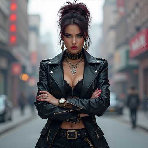 A striking, AI-generated image features a woman with dark brown hair styled in a high ponytail, exuding a fierce and captivating presence. She is adorned in a black leather jacket, which is open to reveal a black bra and a choker necklace. Her outfit is completed with black pants, and she stands with her arms crossed, showcasing a watch on her left wrist and rings on her right hand. Her nails are painted a vibrant red, adding a pop of color to her ensemble. The background is blurred, suggesting a bustling city street with indistinct figures and cars, emphasizing her as the focal point of the image. The woman's intense gaze and slightly parted lips contribute to her enigmatic and alluring appearance.