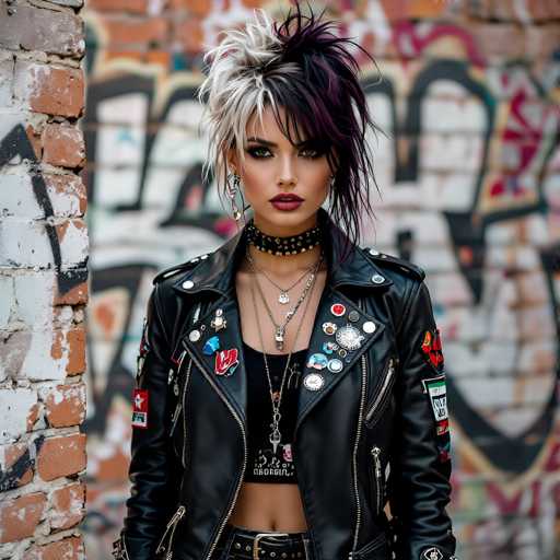 A striking photograph captures a young woman standing confidently in front of a graffiti-covered brick wall. The wall, adorned with vibrant red, white, and black graffiti, serves as a dynamic backdrop to her edgy style. She sports a black leather jacket, heavily decorated with an array of pins and patches on both sides, and features a zipper running down the front. Underneath, she wears a black crop top that reveals her midriff, paired with black leather pants. Around her neck, she has a choker-style necklace adorned with small spikes, complemented by several other necklaces that dangle down to her chest. Her hair is a bold, asymmetrical style, with the right side dyed black and the left side bleached white, adding to her distinctive look. She gazes directly at the camera with a serious expression, her lips painted a deep red. Her eyes are accentuated with thick black eyeliner, and she wears silver hoop earrings, completing her bold and fashion-forward appearance.