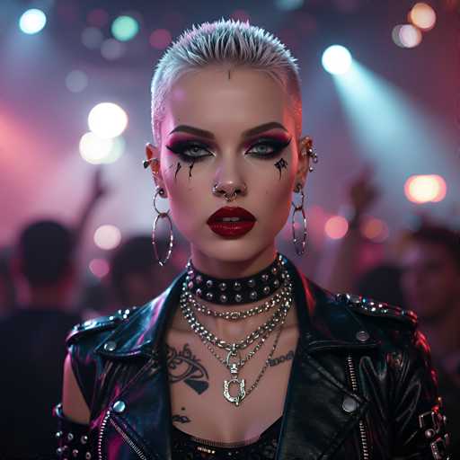 A close-up portrait of a person with a striking, alternative style. The subject has short, bleached blonde hair styled in a sharp, spiky cut, and their skin is fair. They are wearing multiple silver necklaces layered on a black choker, with intricate body piercings including a septum piercing and several ear piercings adorned with silver hoops. Their makeup is bold, featuring dark eyeliner with a stylized skull design extending from the inner corner of their eyes and bright red lipstick. They are wearing a black leather jacket with silver studs, and a tattoo is visible on their left shoulder. The background is blurred but suggests a dimly lit, energetic environment with colorful stage lights and a crowd of people. The overall lighting is dramatic, highlighting the subject's face and emphasizing their intense gaze directly at the viewer. The style is heavily influenced by gothic or punk aesthetics, with a focus on edgy fashion and bold makeup.
