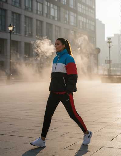 A stylish model in bold, color-block sportswear strides through a foggy urban plaza at dawn. The high-fashion editorial shot features cool tones, a shallow depth of field emphasizing the model, and atmospheric haze, creating a dynamic and slightly ethereal scene.