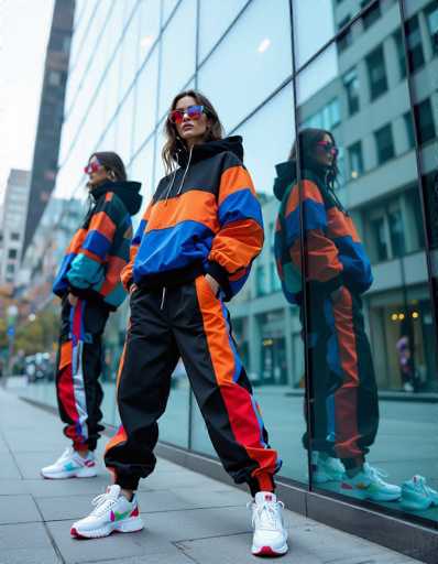 A fashion-forward urbanite, a young woman in vibrant oversized sportswear, is captured in a high-fashion editorial. She poses against a mirrored glass facade, her reflection creating a layered, distorted effect. Sharp lines and saturated colors dominate the scene, enhanced by dramatic lighting, emphasizing a bold, modern aesthetic.