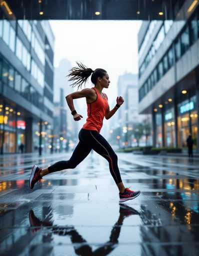 A dynamic, low-angle shot captures a sporty woman sprinting across a rain-slicked urban plaza. Her motion blur emphasizes her speed, while vibrant city reflections dance on the wet pavement. Minimalist running gear and a high-fashion editorial style create a powerful, energetic image of urban exploration.