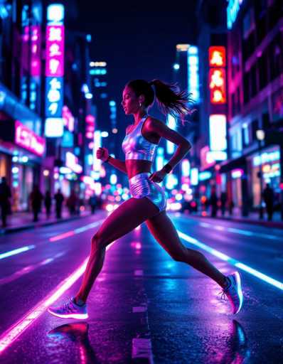 A dynamic, futuristic fashion photograph captures a young woman in silver sportswear sprinting down a neon-lit city street at night. Electric pink and blue lights outline her form, creating a vibrant, high-energy scene with blurred figures in the background. The spatial relationship emphasizes her motion and the urban environment's glowing atmosphere.