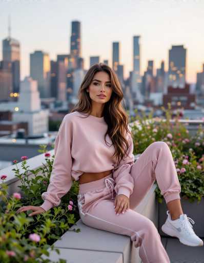 A stylish woman in pastel athleisure lounges on a rooftop ledge, surrounded by vibrant rooftop gardens and a softly blurred cityscape at sunset. The image features soft, ethereal lighting and a minimalist composition, characteristic of dreamy fashion photography.