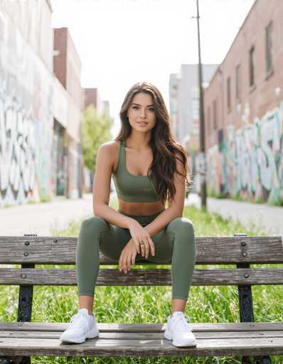 A young woman in olive green eco-friendly sportswear sits gracefully on a weathered city bench, her long hair cascading around her. Soft-focus urban greenery and vibrant street art create a muted, earthy backdrop under natural light. The image embodies a modern, stylish aesthetic with a focus on the subject's confident pose and connection to the urban environment.