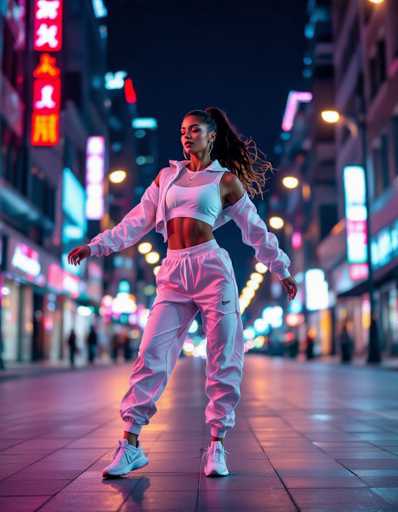 A lone athletic woman in pastel sportswear commands the deserted urban plaza at night, bathed in vibrant neon lights. The image showcases a dynamic dance pose with motion blur, emphasizing the high-energy fashion photography style with saturated colors and a focus on the subject's movement within the glowing, empty cityscape.