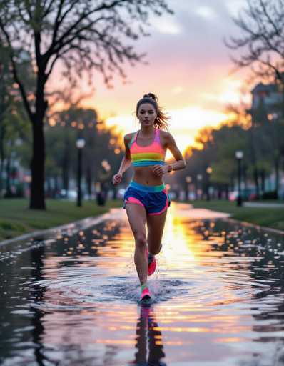 A young woman in vibrant, color-blocked sportswear runs barefoot through a flooded urban park at dawn. The scene is captured in a surreal, painterly style with soft pastel tones and dreamy water reflections, emphasizing the runner's dynamic movement against the shimmering, reflective water.