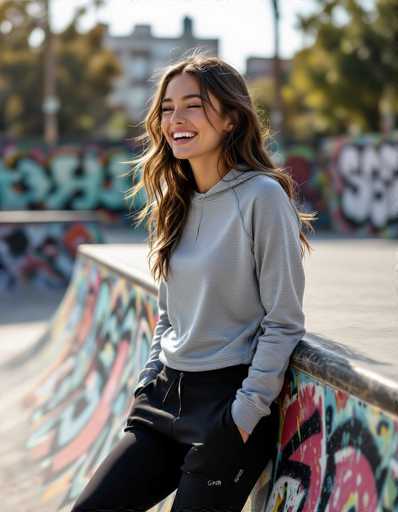 A young woman with long, wavy hair is captured mid-laugh, leaning against a graffiti-covered skate ramp. She wears grey moisture-wicking sportswear and black pants, her expression joyful. The image is a candid yet polished fashion shot with soft natural light, emphasizing the urban skate culture backdrop.