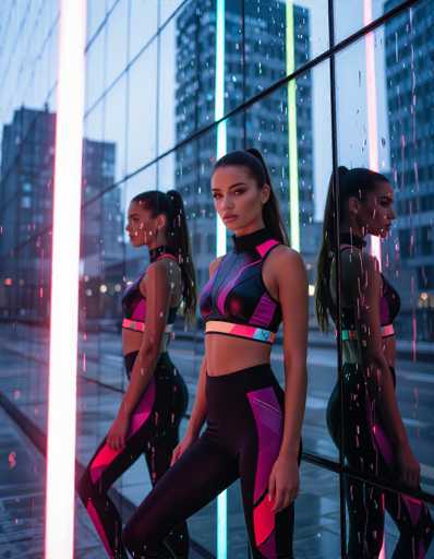 A young woman in vibrant, futuristic sportswear poses before a mirrored glass building facade, her reflection distorted by rain. The avant-garde fashion photography features sharp lines, metallic textures, and saturated neon accents, creating a dynamic interplay between the real and reflected worlds.