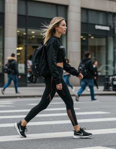A young woman in stylish streetwear, sporting a black cropped hoodie and leggings with pink accents, confidently walks across a city crosswalk. Her backpack is slung over one shoulder, and her blonde hair is caught in motion. The image captures a dynamic moment with blurred surroundings, emphasizing the fast pace of city life and her fashionable urban style.