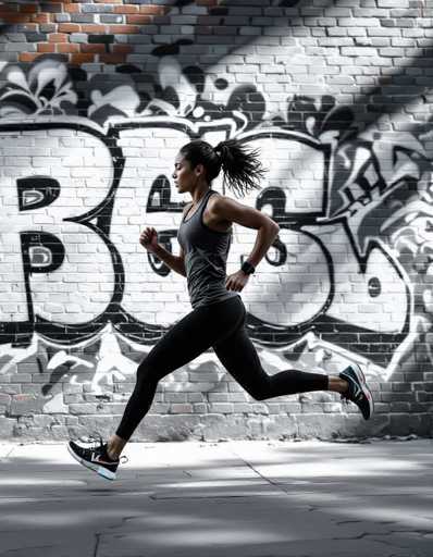 A lone runner in monochrome athleisure sprints past a graffiti-covered brick wall, her motion captured with sharp detail against blurred background. The image embodies gritty street fashion with dramatic shadows and vintage lens flare, emphasizing a dynamic, high-contrast urban scene.