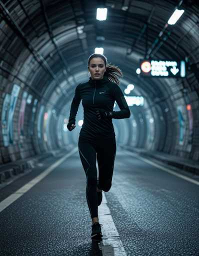 A determined young woman in dark, high-tech sportswear sprints through a deserted urban tunnel. Her breath creates a visible mist in the cold air, illuminated by ambient glow from subway signs. The gritty, moody street fashion photography emphasizes a sense of solitary motion and urban isolation.