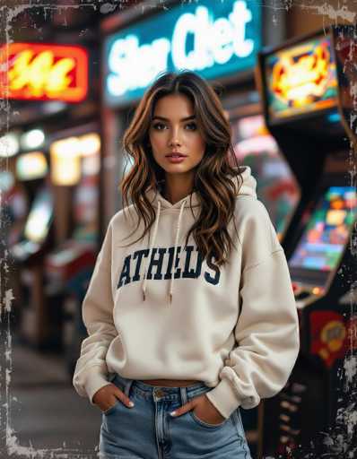 A young woman in a cream hoodie and blue jeans, styled with "ATHLETICS" lettering, stands confidently in front of a vintage arcade. Her hands are casually tucked in pockets, and her wavy hair frames a direct gaze. The image features a gritty, urban editorial style with faded textures and warm lighting, emphasizing a nostalgic street fashion aesthetic.