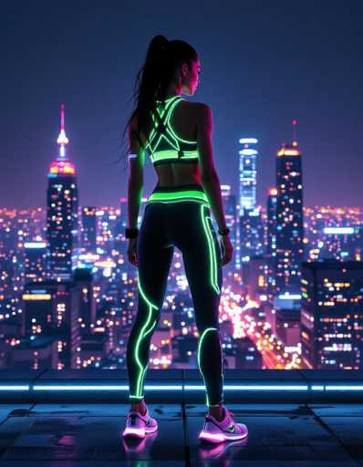 A lone, athletic woman in glowing neon attire stands on a rooftop overlooking a vibrant, futuristic cityscape at night. The scene embodies cyberpunk aesthetics with sharp lines and saturated hues, emphasizing the woman's silhouette against the glowing urban backdrop.
