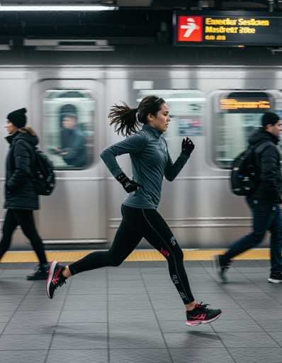 A young woman in athletic wear sprints past a blurred subway train in this high-contrast, cinematic shot. The focus is sharp on the runner's dynamic motion, while the background is softly blurred, emphasizing the urban energy and cold atmosphere.