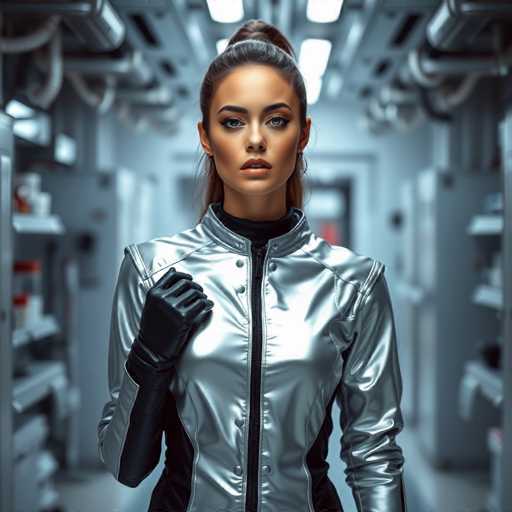 A striking image features a woman with a futuristic, silver metallic jacket that gleams under the light. The jacket, which has a black zipper running down the front, is adorned with four buttons on each side, adding to its sleek design. Underneath, she wears a black turtleneck that contrasts sharply with the jacket's shiny exterior. Her right hand is covered by a black glove, which is raised to her chest in a powerful gesture. The woman's long brown hair is pulled back into a ponytail, with loose strands framing her face. Her makeup is bold, with dark eyebrows and striking blue eyes that draw attention. The background is a blurred mix of gray and white, with indistinct shelves and pipes, suggesting an industrial or laboratory setting. The overall composition highlights the woman's futuristic and commanding presence.