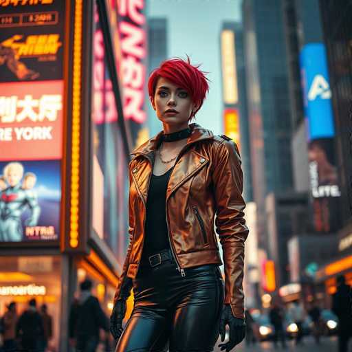 In this vibrant, AI-generated image, a young woman stands confidently in the middle of a bustling city street, exuding a bold and futuristic style. She sports a striking short red pixie haircut and wears a black choker around her neck, complemented by a delicate gold chain. Her attire is equally eye-catching, featuring a sleek black tank top and a striking copper-colored leather jacket with long sleeves. She pairs this ensemble with tight black leather pants and black gloves, completing her edgy look.

The background is a blur of towering skyscrapers adorned with neon signs and billboards, creating a dynamic urban atmosphere. One prominent sign to her left reads "New York" in English, while another features Asian characters, hinting at a cosmopolitan setting. The scene is further animated by the blurred figures of pedestrians and the headlights of cars, adding to the sense of a lively, fast-paced environment. The overall composition captures a moment of urban chic amidst the hustle and bustle of city life.