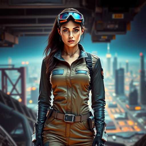 The image depicts a highly detailed, computer-generated scene featuring a striking woman standing in the foreground. She is dressed in a sleek, tan flight suit with long sleeves and matching pants, complemented by black leather gloves. A brown belt with a silver buckle cinches her waist, and she has a gun holstered on her right hip. Her attire is completed with a black strap over her left shoulder, suggesting she is carrying a bag, and a pair of blue and orange goggles rest on her forehead. Her long brown hair cascades down, framing her face, which is adorned with a silver hoop earring and a delicate necklace. She gazes directly at the viewer with a serious expression.

The background is a blurred cityscape, with tall buildings and skyscrapers illuminated by the warm glow of orange lights, indicating it is nighttime. The sky above is a deep blue, adding to the nocturnal ambiance. To the left of the woman, there is a structure resembling a bridge or a building with a distinctive X-shaped design. The overall scene exudes a futuristic, sci-fi atmosphere, reminiscent of a setting from a video game or a movie like "The Matrix."
