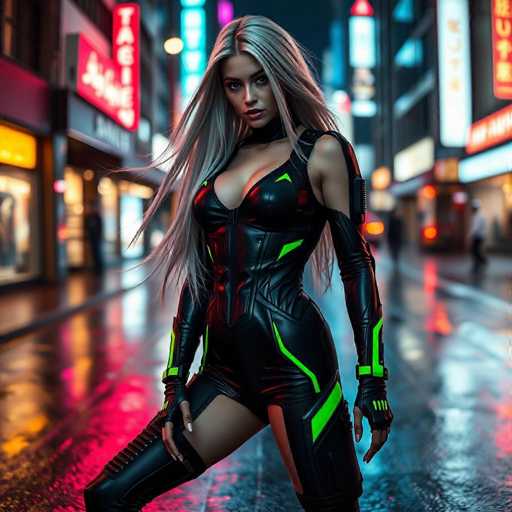 In this captivating image, a woman stands confidently in the middle of a bustling city street, exuding an aura of strength and allure. She is dressed in a sleek, form-fitting black leather bodysuit adorned with striking neon green accents. The bodysuit features a deep V-neckline that plunges down to her waist, highlighting her cleavage, and is complemented by a high collar that wraps around her neck. Her ensemble is completed with matching black leather boots that extend up to her thighs, adding to her bold appearance.

Her long, flowing silver hair cascades down her back, contrasting beautifully with her tan skin. She strikes a powerful pose, with one leg bent and the other straight, her hands resting on her thighs. Her gaze is intense, directed straight at the camera, capturing a moment of raw confidence and poise.

The backdrop is a vibrant cityscape, illuminated by an array of neon signs in various colors—neon green, red, and blue—adding to the dynamic and energetic atmosphere. The wet street beneath her reflects the neon lights, creating a shimmering effect that enhances the overall visual impact of the scene. This image perfectly captures the essence of urban glamour and the woman's commanding presence.