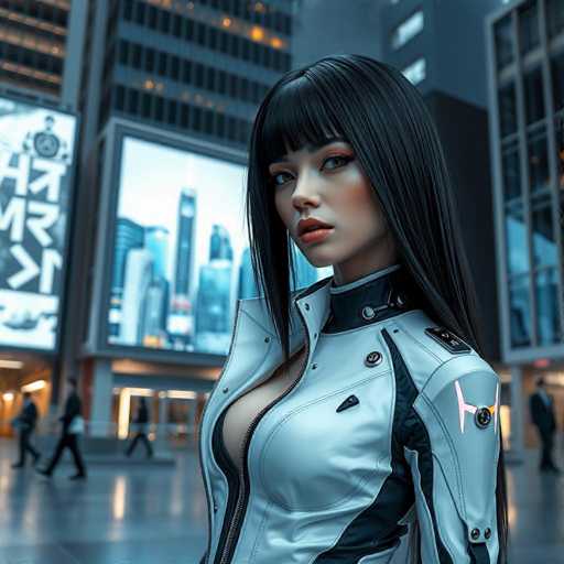 The image features a highly detailed, computer-generated depiction of a young woman, likely in her early 20s, standing in the middle of a bustling city street. She has long, straight black hair with bangs that frame her face, and her skin is a light tan. Her makeup is striking, with red lipstick and dark brown eyes accentuated by black eyeliner. She is dressed in a futuristic, form-fitting white leather jacket that is unzipped to reveal a significant amount of cleavage. The jacket has a high collar and a black stripe running down the side, with a pink light on the shoulder. The background is a blurred cityscape with tall buildings, some featuring large billboards, and people walking around. The overall scene has a cyberpunk aesthetic, blending advanced technology with a modern urban environment.