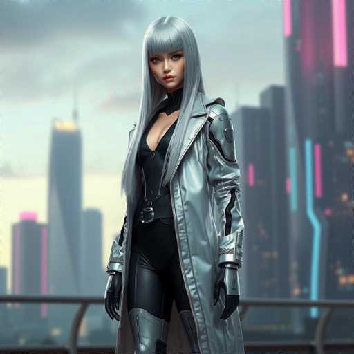 A highly detailed, computer-generated image depicts a young woman standing in a futuristic cityscape. She has long, silver hair with bangs that partially cover her face, and her striking blue eyes are accentuated by red lipstick. Her attire is a sleek, form-fitting black bodysuit, complemented by a black belt with a prominent silver buckle. Over this, she wears a long, silver trench coat that extends to her knees, featuring a black stripe running down the sleeves. Her hands are encased in black gloves, and she wears silver boots that reach up to her knees. The background showcases a blurred city skyline with tall buildings adorned with neon pink and blue lights, under a gray, overcast sky. The woman stands on a platform with a metal railing, gazing directly at the viewer with a serious expression.