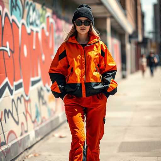 A woman is walking down a city sidewalk, exuding confidence in her stylish outfit. She is dressed in vibrant orange pants and a matching jacket, which features black accents on the sleeves and bottom. Her hands are casually tucked into her pockets as she strides forward. She sports a black beanie and dark sunglasses, with her long blonde hair cascading down her back. The backdrop reveals a graffiti-covered wall to her left, adding an urban flair to the scene. Further down the sidewalk, a few pedestrians can be seen in the distance, though they are blurred and indistinct. The overall atmosphere captures the essence of city life and fashion.