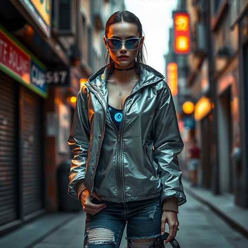 A young woman stands confidently in the middle of a bustling city street, exuding a bold and edgy style. She sports a shiny, metallic silver jacket that gleams under the urban lights, paired with distressed blue jeans that feature a rip at the knee. Her accessories include a delicate necklace and a choker around her neck, adding a touch of elegance to her rugged look. She wears large, dark sunglasses that obscure her eyes, enhancing her mysterious aura. Her dark hair is pulled back into a sleek ponytail, with a few strands cascading down the sides of her face. The background reveals a typical cityscape with buildings and storefronts lining both sides of the street, and a few pedestrians can be seen in the distance, adding to the lively atmosphere of the scene.